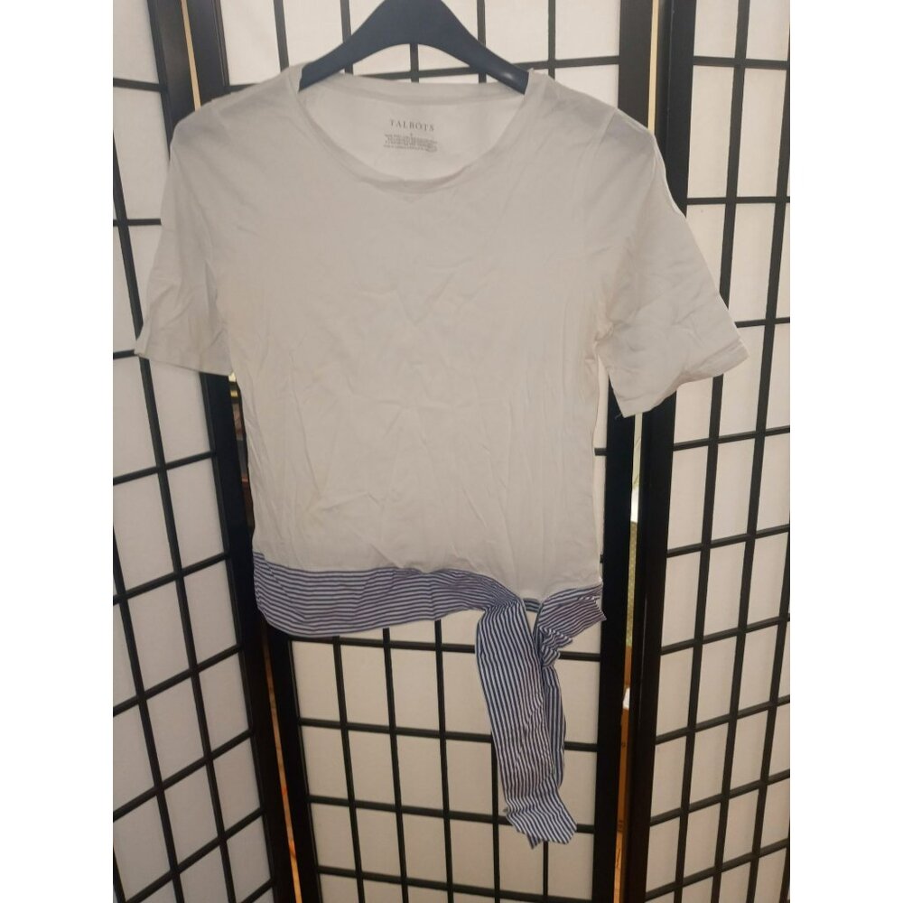 Talbots T-Shirt Blue & White Size Small Short Sleeve Pima Cotton Side Bow Knot